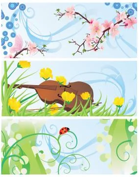 Spring banners set with blossom tree, violin, flowers and ladybird Stock Illustration