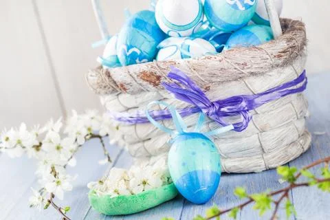 Spring basket easter eggs blue tone Stock Photos
