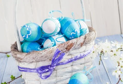 Spring basket easter eggs blue tone Stock Photos