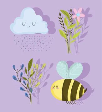 Spring bee flowers cloud raindrops and Ilustração Stock