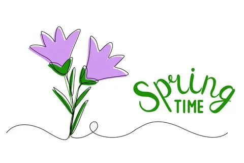 Spring bell shaped flowers line art with Spring Time lettering, vector Stock Illustration