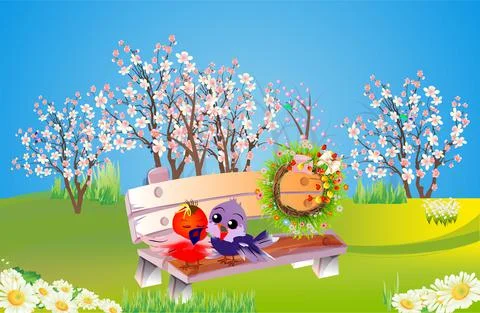 Spring on the bench, Stock Illustration