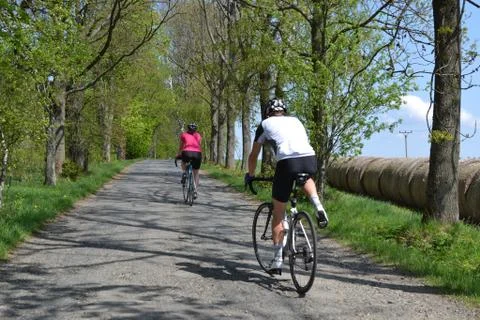 Spring bike riding through tree avenue Foto stock