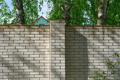 Spring birches with young leaves behind white brick fence Stockfoto's