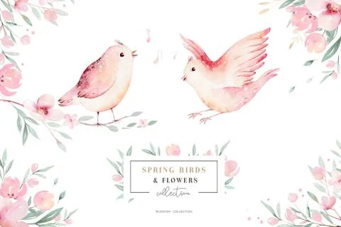 Spring bird on blooming branch with green leaves and flowers. Watercolor wedding Stock Illustration