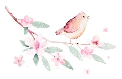 Spring bird on blooming branch with green leaves and flowers. Watercolor wedding Stock Illustration
