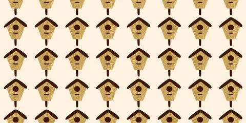 Spring bird house seamless Pattern. Vector Flat background With Hanging Woode Stock Illustration