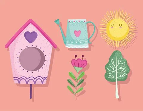 Spring bird house tree sun flower and watering can set Stock Illustration