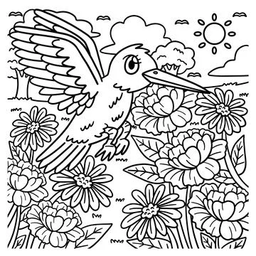 Spring Bird Over Flowers Coloring Page for Kids Stock Illustration