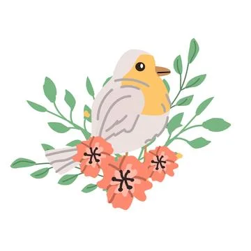Spring bird robin sitting in flowers and branch with leaves Illustrazione stock