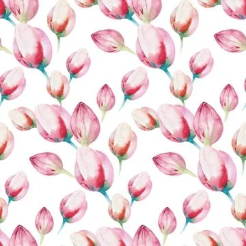 Spring bird seamless pattern on blooming branch with green leaves and flowers Stock Illustration