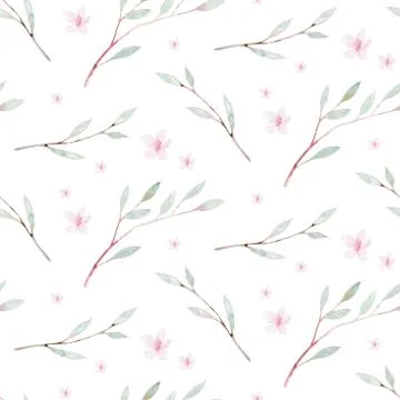 Spring bird seamless pattern on blooming branch with green leaves and flowers Stock Illustration