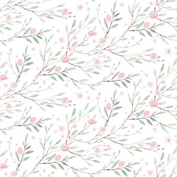 Spring bird seamless pattern on blooming branch with green leaves and flowers Stock Illustration