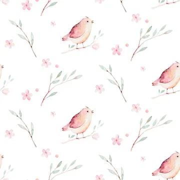 Spring bird seamless pattern on blooming branch with green leaves and flowers Stock Illustration