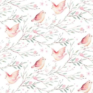Spring bird seamless pattern on blooming branch with green leaves and flowers Stock Illustration