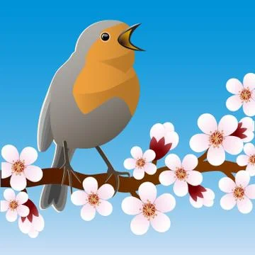 Spring bird sitting on flowering branch. Vector illustrations Stock Illustration