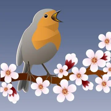 Spring bird sitting on flowering branch. Vector illustrations Stock Illustration