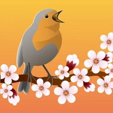 Spring bird sitting on flowering branch. Vector illustrations Stock Illustration
