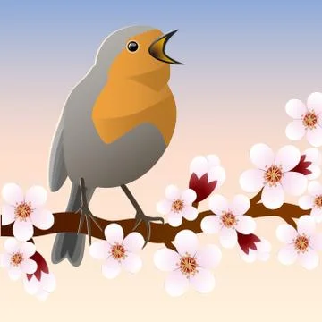 Spring bird sitting on flowering branch. Vector illustrations Stock Illustration