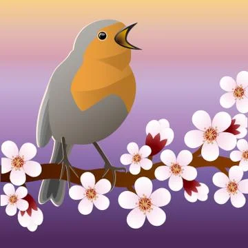 Spring bird sitting on flowering branch. Vector illustrations Stock Illustration