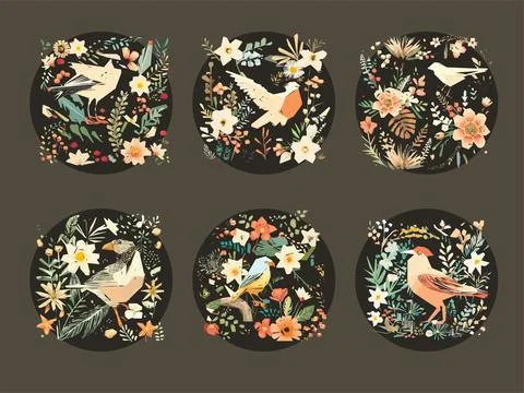 Spring Birds and Flowers ornaments illustration Stock Illustration