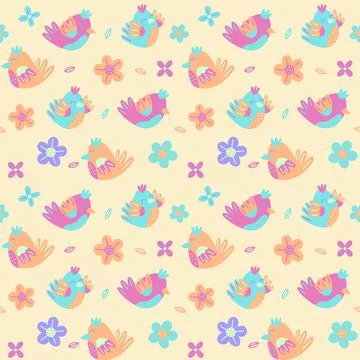 Spring Birds Seamless Pattern with warm color Stock Illustration