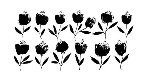 Spring black flowers hand drawn vector set. Stock Illustration