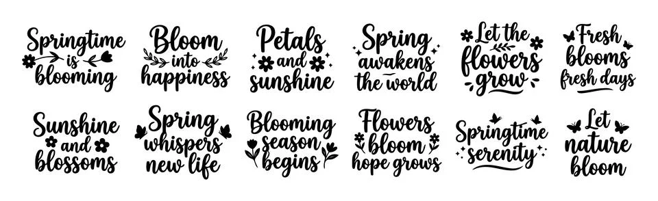 Spring Bloom Typography Bundle With Floral Garden Quotes Fresh Blossom Stock Illustration