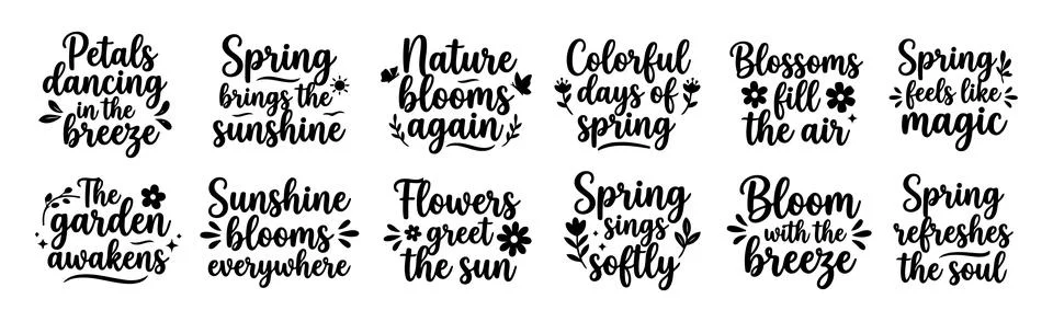 Spring Bloom Typography Bundle With Floral Nature Quotes Sunshine Garden Stock Illustration
