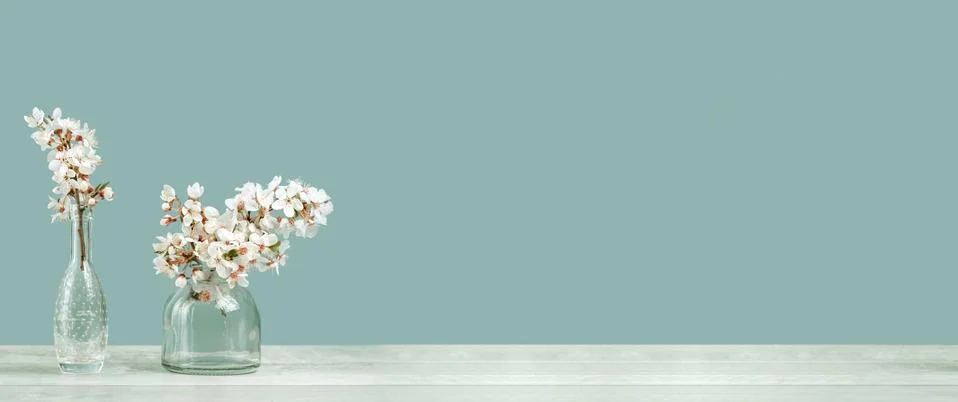 Spring blooming tree branches in a vase on tender soft blue Stock Photos