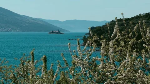 Spring Blooming View of Gospa od Milosti Island in Bay of Kotor Stock Footage 332571182