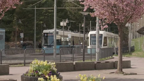 Spring Blossom at Tram stop in Bergsjon, Komettorget in Gothenburg 動画素材 260498540