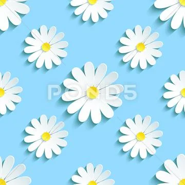 Spring Blue Background Seamless Pattern With Chamomile