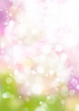 Spring blurred rainbow bokeh background, white circles, green, pink, purple Stock Illustration