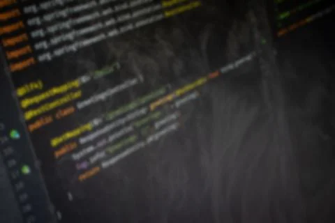 Spring Boot Java Hello World blurry code on screen Stock Photos
