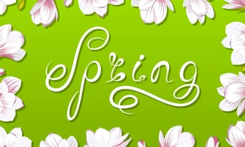 Spring Border Frame with Beautiful Magnolia Flowers, Lettering, Headline 库存插图