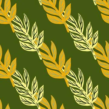 Spring botanic seamless pattern with doodle orange tropic leaves branches sil Stock Illustration