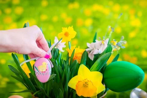 Spring bouquet with colorful easter eggs on a grass background. Happy Easter Stock Photos