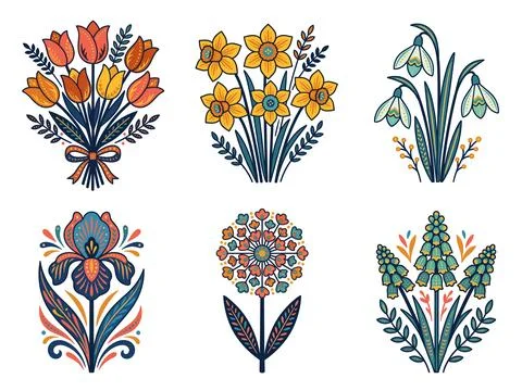 Spring Bouquet Folk Art Bundle Vector Illustration Stock Illustration