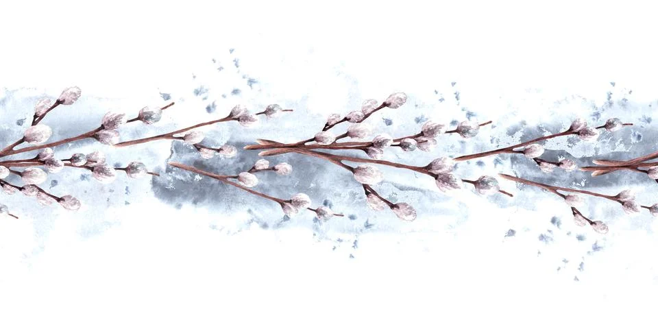 Spring bouquet of willow tree on background of watercolor stain seamless border 스톡 일러스트