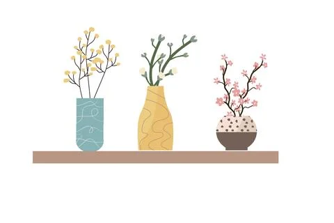 Spring branch in decorative vases - set in flat style Illustrazione stock