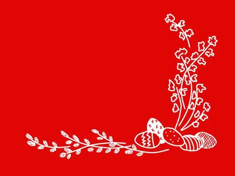 Spring branches and decorated easter eggs on red background, easter concept i Illustrazione stock