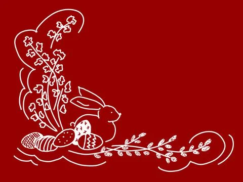 Spring branches, rabbit and decorated easter eggs on red background, easter c Illustrazione stock