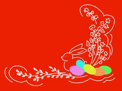 Spring branches, rabbit and decorated easter eggs on red background, easter c Stock Illustration