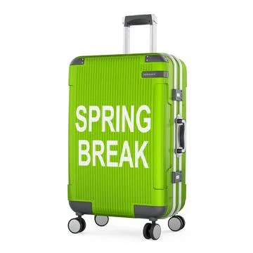 SPRING BREAK concept with green suitcase. 3D rendering Stock Illustration