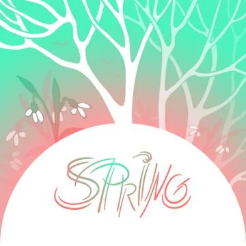 Spring bright vector illustration. March, flowering snowdrops in a snowy forest Stock Illustration