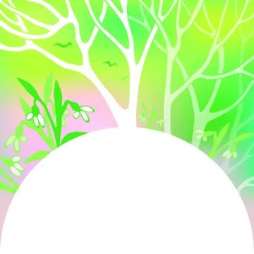 Spring bright vector illustration. March, flowering snowdrops in a snowy forest Stock Illustration