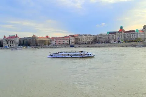 Spring Budapest, Danube river, dusk, pleasure boat on the river Stock Photos