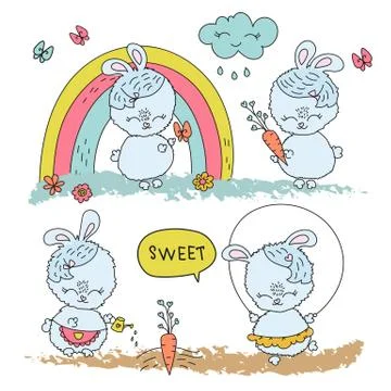SPRING BUNNY Comic Cartoon Vector Illustration Set 스톡 일러스트