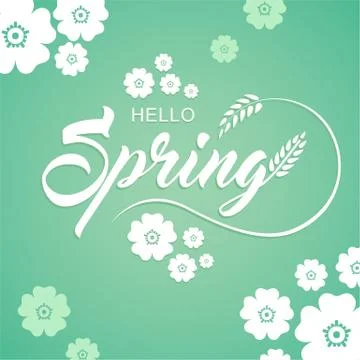 Spring Calligraphy Text Logo Sign on Green Background with flowers and leaf. Stock Illustration